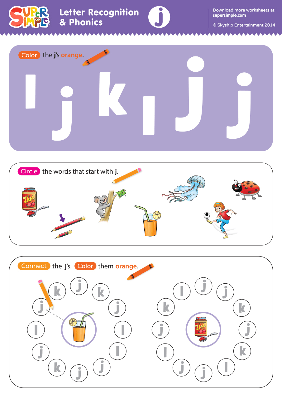 Letter Recognition &amp;amp; Phonics Worksheet - J (Lowercase) - Super Simple inside Hooked on Phonics Free Printable Worksheets