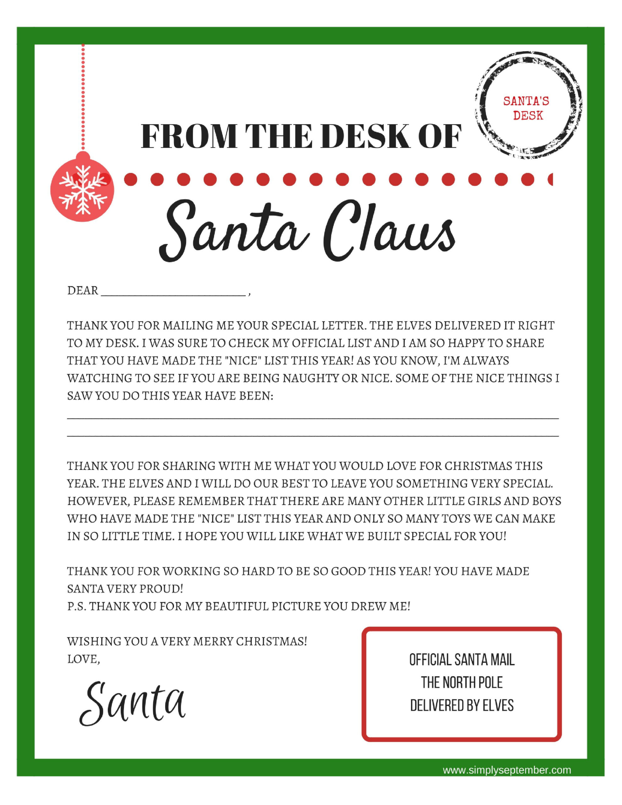 Letters To And From Santa: Free Printables - Simply September with regard to Free Personalized Printable Letters From Santa Claus