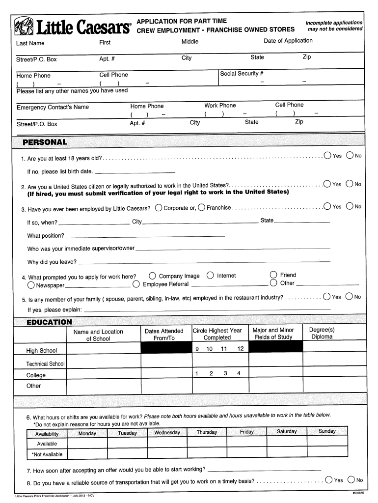 Little Caesars Application Pdf - Fill Online, Printable, Fillable within Free Printable Taco Bell Application