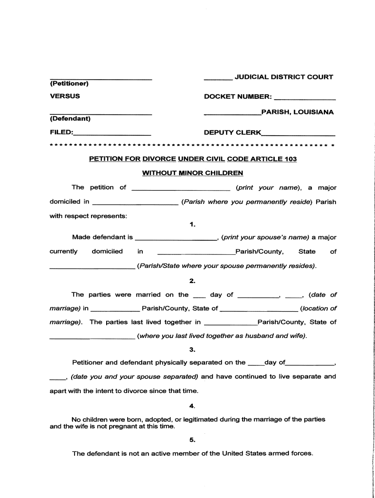 Louisiana 103 Divorce Form - Fill Online, Printable, Fillable inside Free Printable Divorce Papers for Louisiana