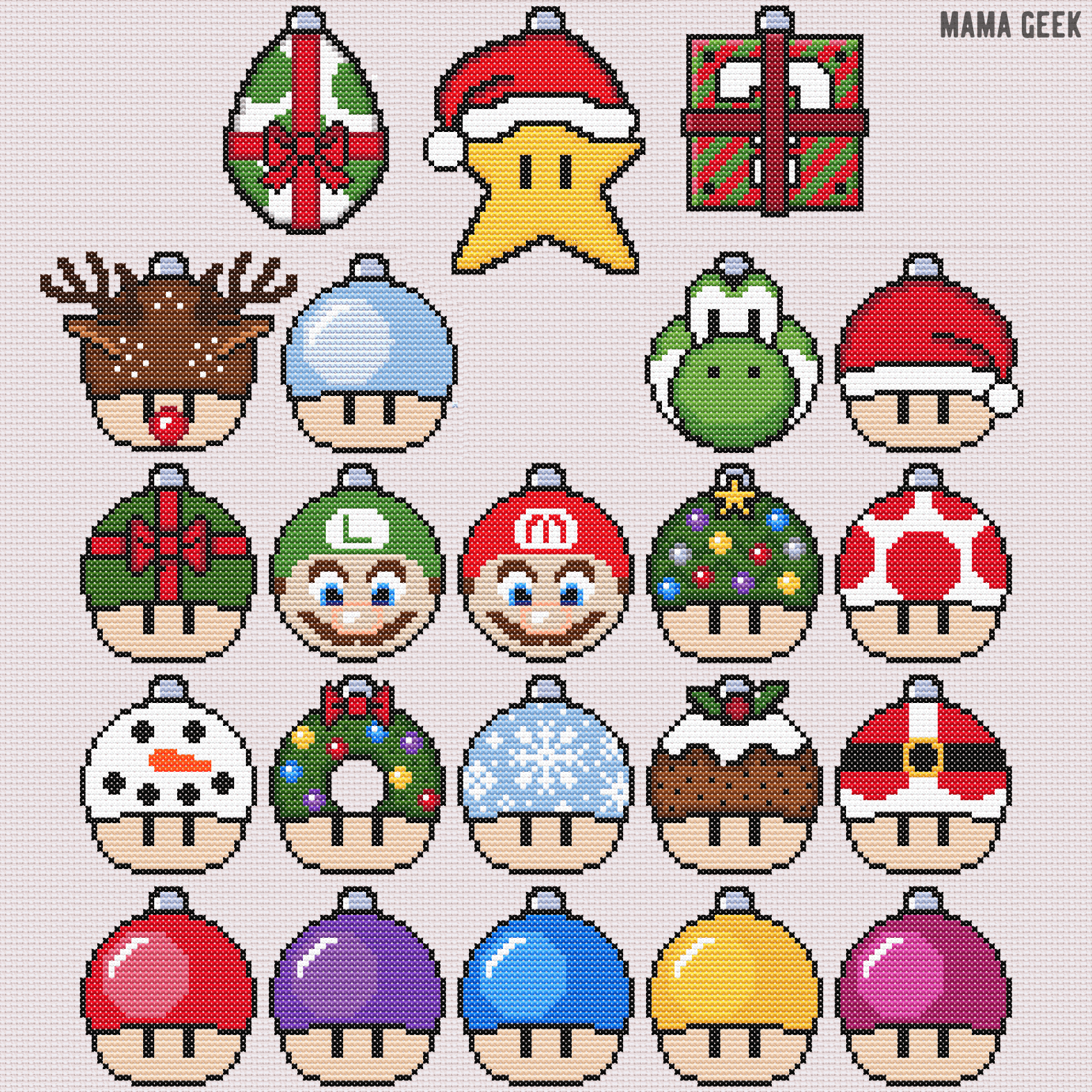 Mario Christmas Baubles – Free Printable Cross Stitch Patterns inside Free Printable Christmas Ornament Cross Stitch Patterns