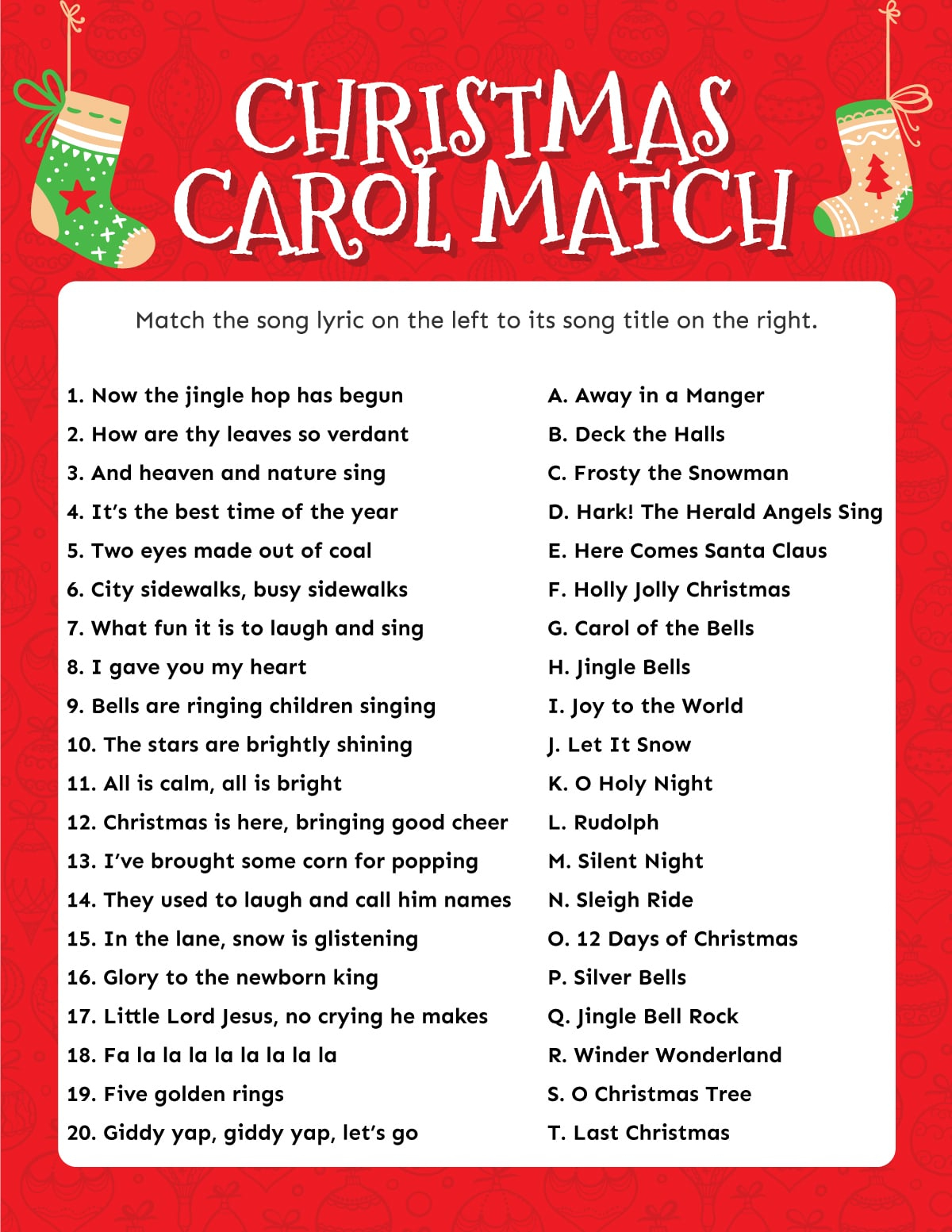 Match The Christmas Carol Game (Free Printable!) - Play Party Plan intended for Christmas Song Lyrics Game Free Printable