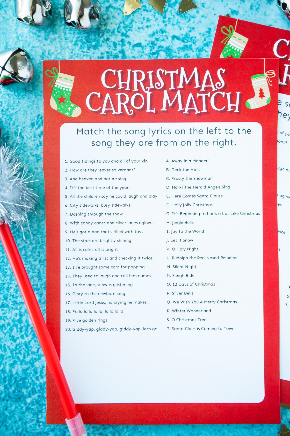 Match The Christmas Carol Game (Free Printable!) - Play Party Plan throughout Christmas Song Lyrics Game Free Printable