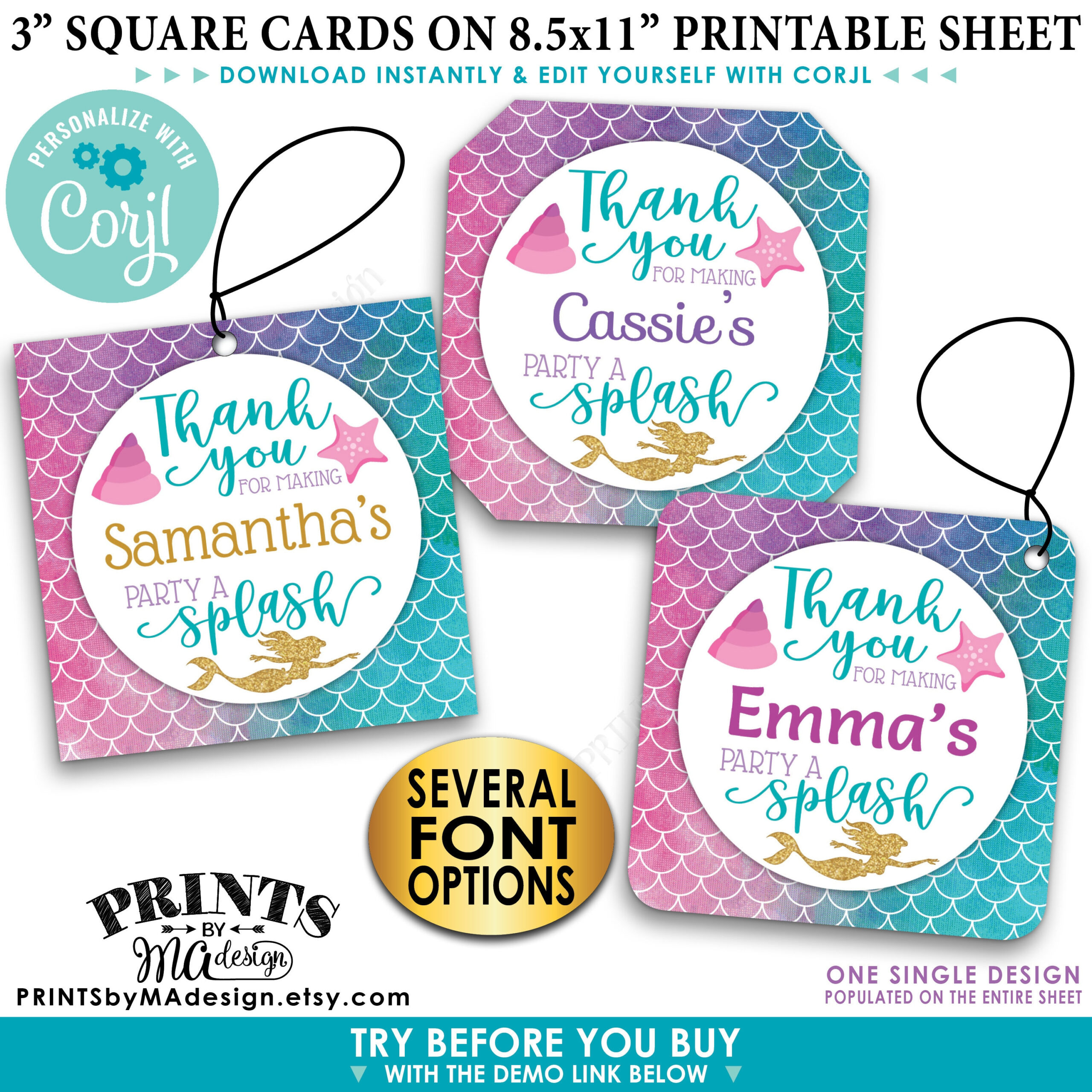 Mermaid Party Thank You Tags, Birthday Party Favor, Custom 3 pertaining to Free Printable Mermaid Thank You Cards