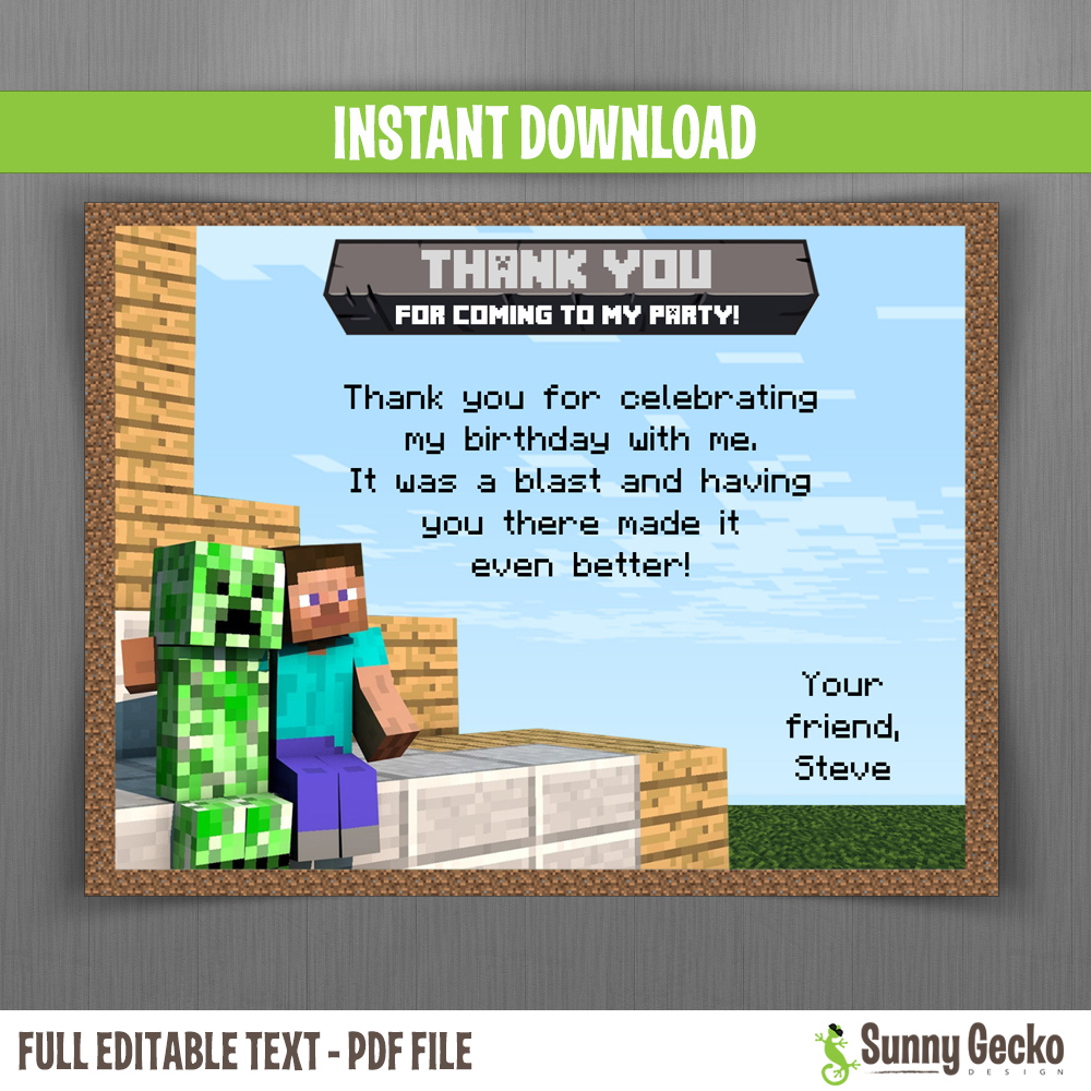 Minecraft Birthday Thank You Cards for Free Printable Minecraft Thank You Notes