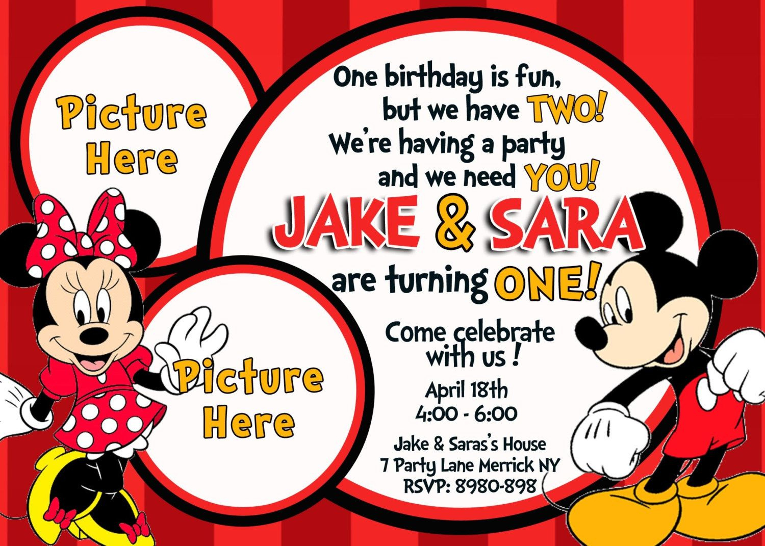 Minnie And Mickey Mouse Birthday Invitations intended for Free Printable Mickey and Minnie Mouse Invitations