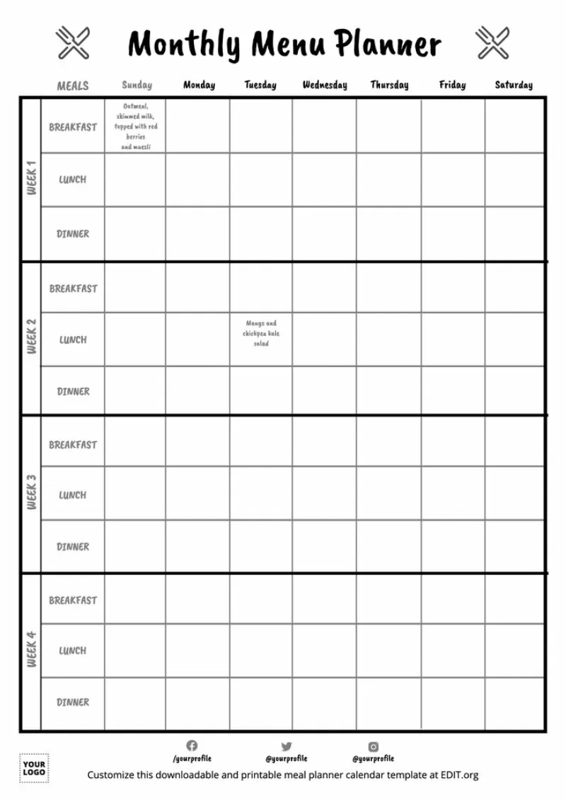 Monthly Meal Plan Templates with regard to Free Printable Monthly Meal Planner