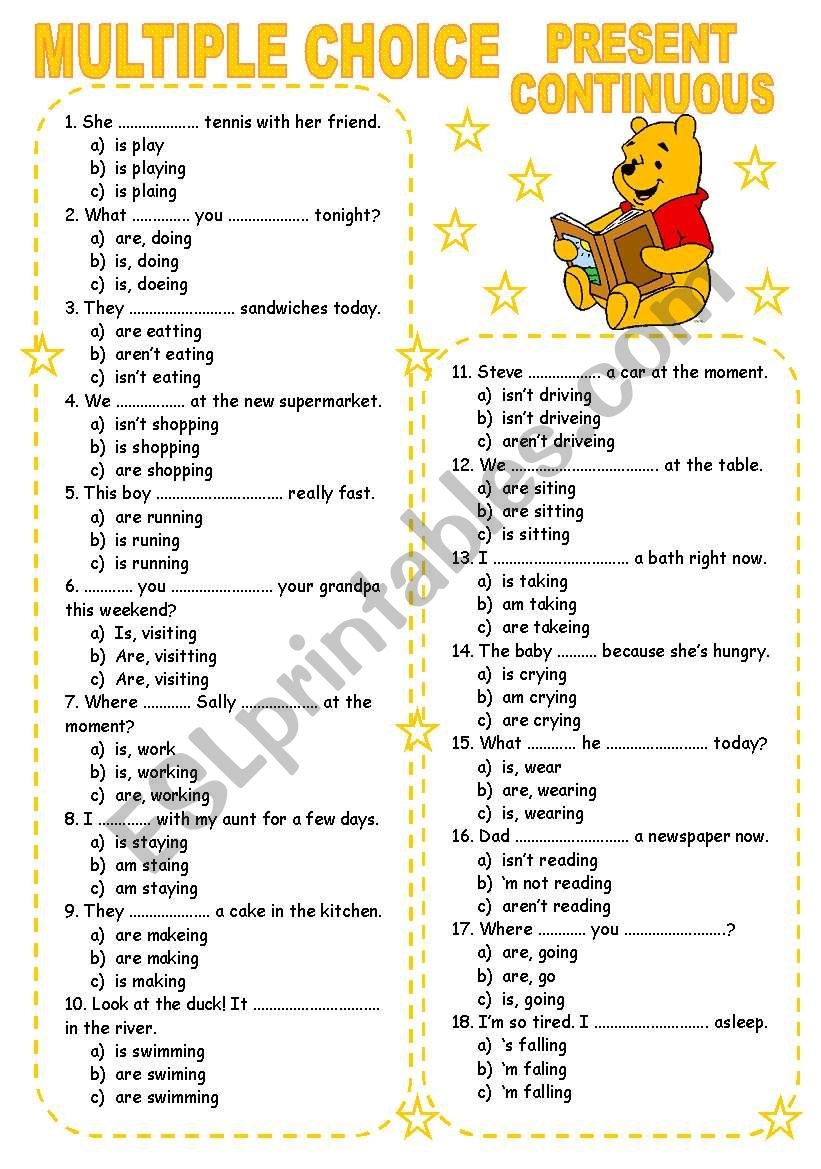 Multiple Choice (2) Present Continuous - Esl Worksheetkamilam regarding Free Printable Multiple Choice Worksheets