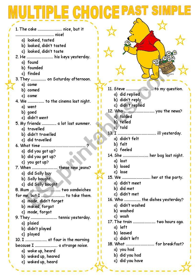 Multiple Choice (4) Past Simple - Esl Worksheetkamilam with Free Printable Multiple Choice Worksheets