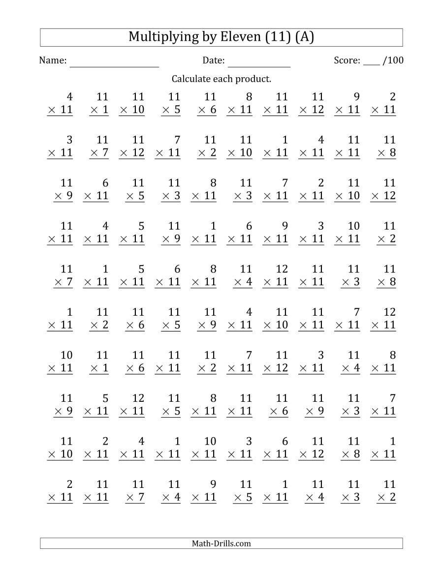 Multiplying (1 To 12)11 (100 Questions) (A) | Multiplication with Free Printable Multiplication Worksheets 100 Problems