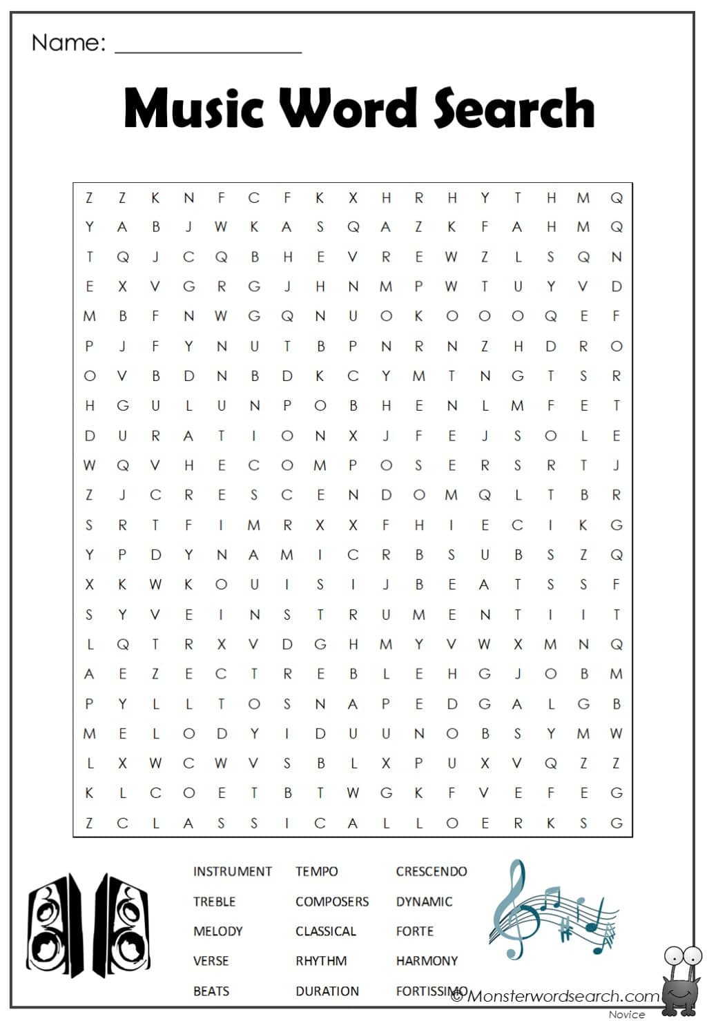 Music Word Search - Monster Word Search inside Free Printable Music Word Searches