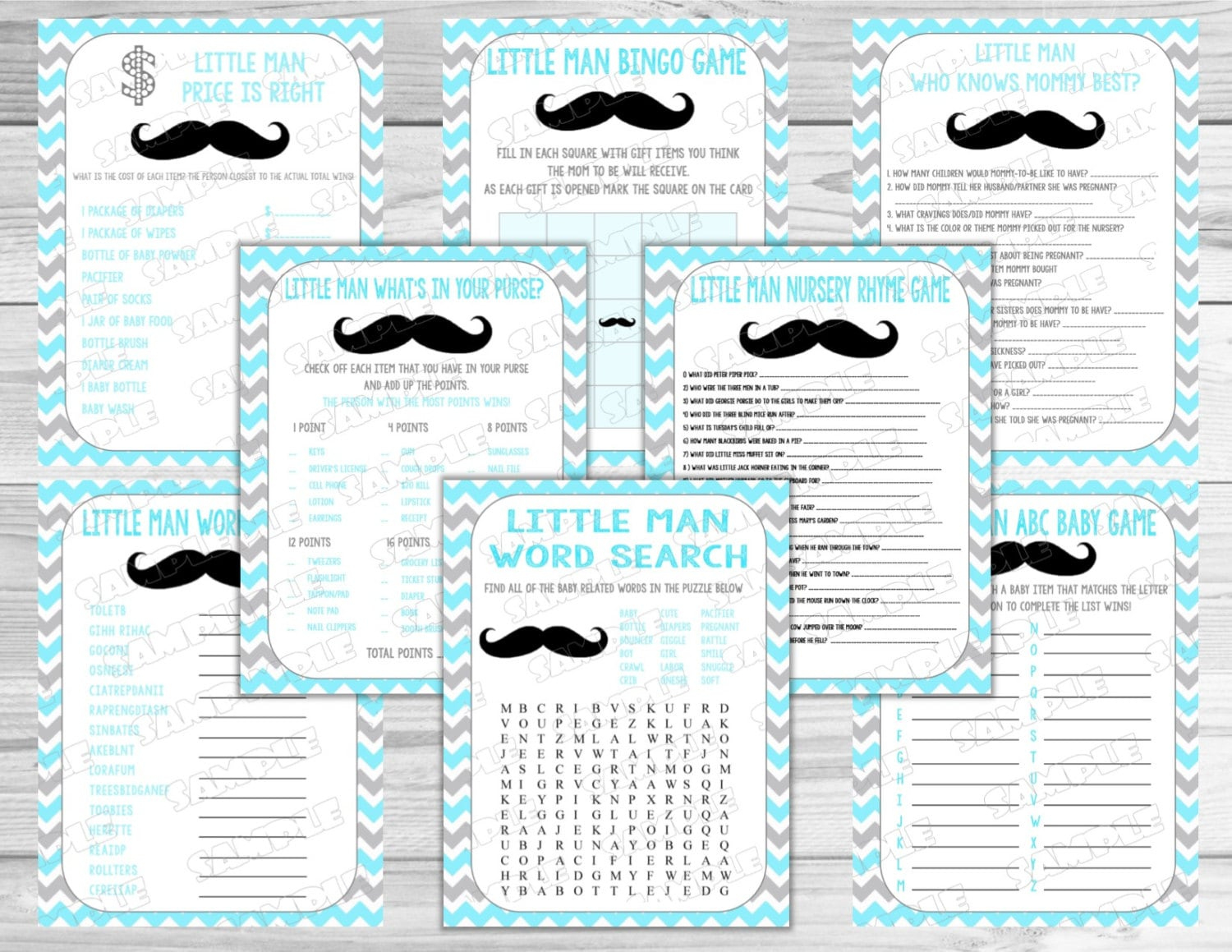 Mustache Baby Shower Games Set Of 8 Games Bundle Printable Instant Download Uprintgreenmelonstudios Mustache Little Man Baby Shower throughout Mustache Baby Shower Games Free Printables