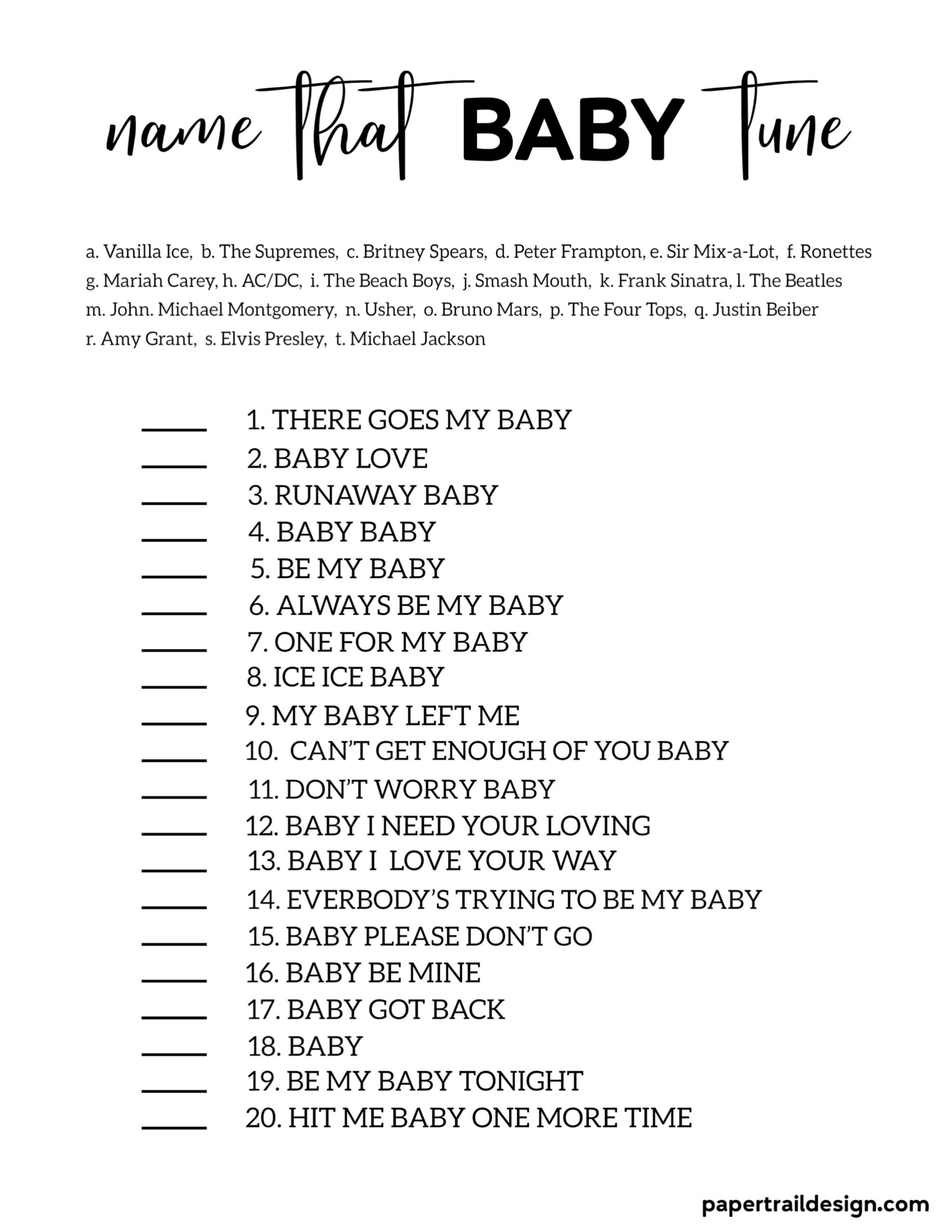 Name That Tune Baby Shower Game - Paper Trail Design in Name That Tune Baby Shower Game Free Printable