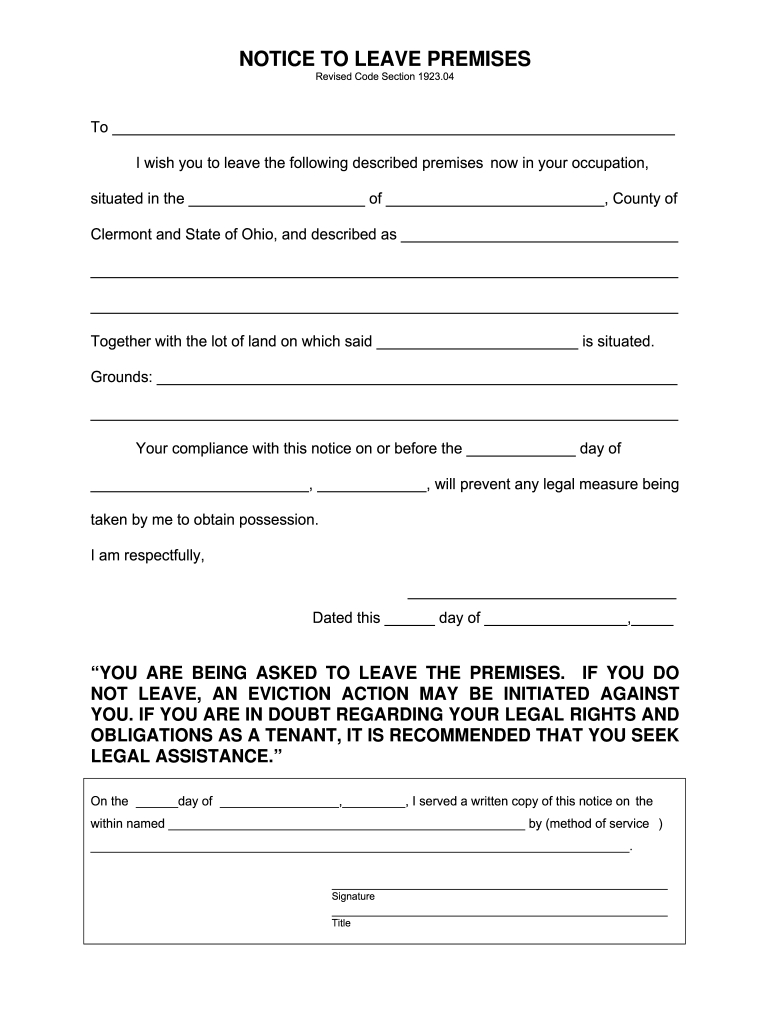 Notice To Leave Premises Ohio Form - Fill Online, Printable within Free Printable Eviction Notice Ohio