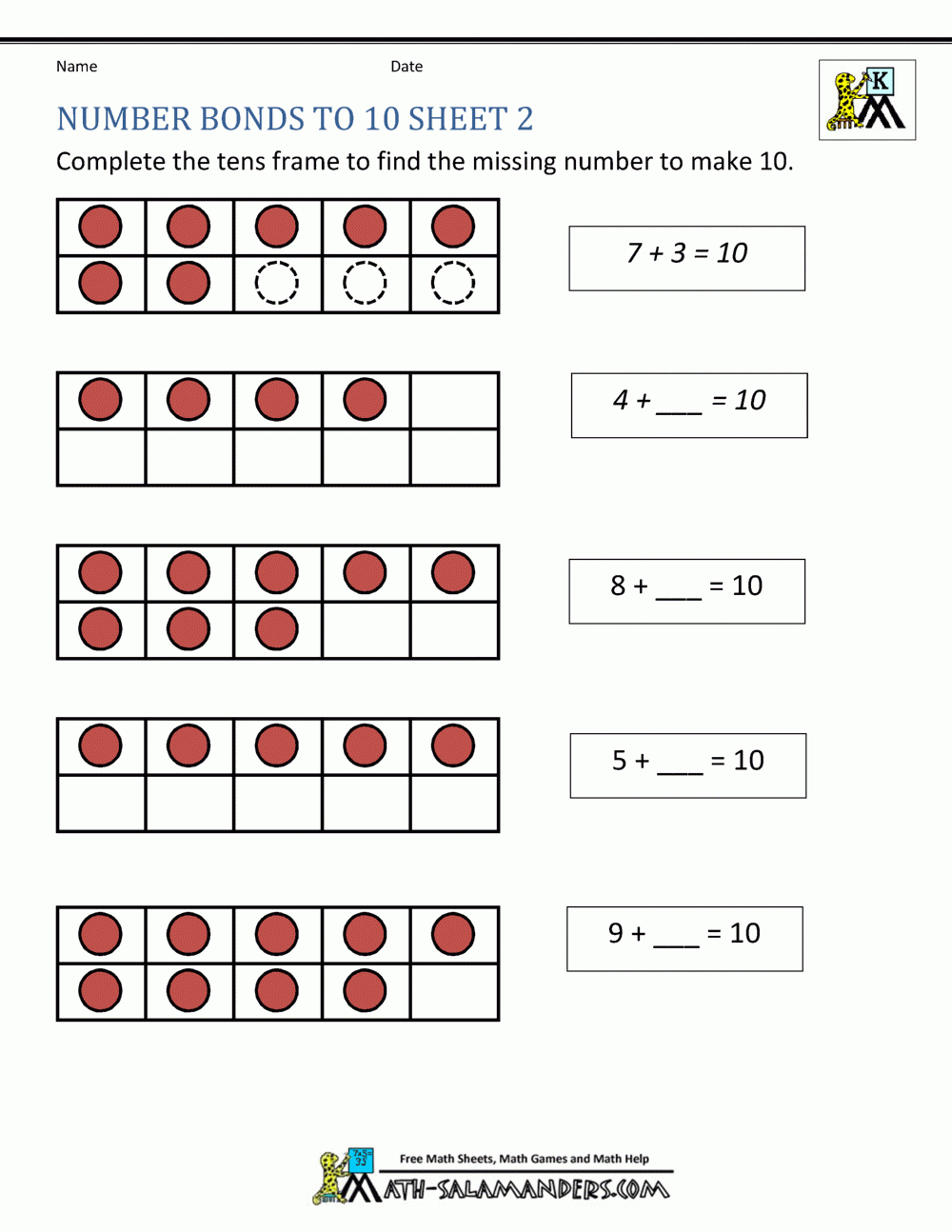 Number Bonds To 10 Worksheets within Free Printable Number Bonds Worksheets for Kindergarten