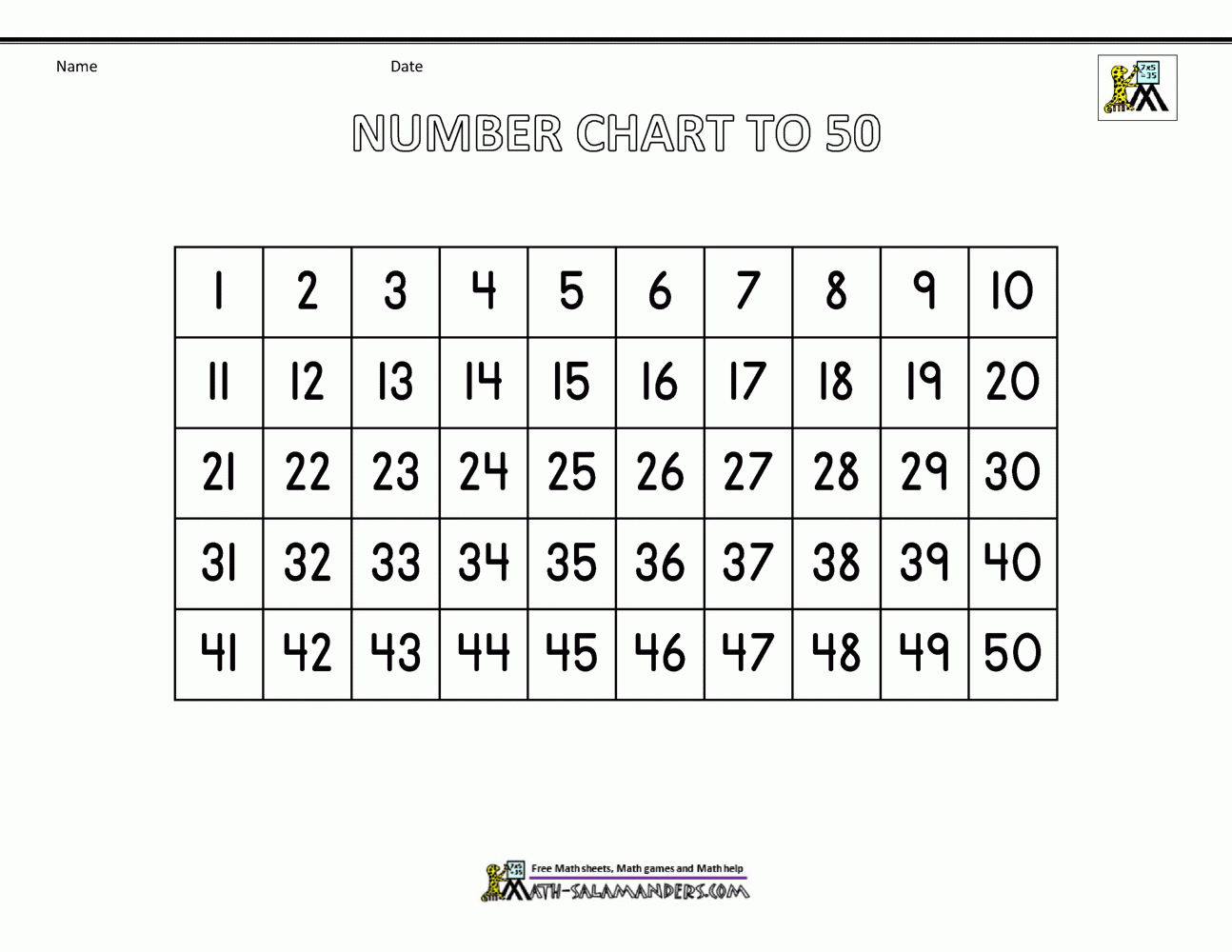 Number Chart To 50 with regard to Free Printable Number Chart 1-50