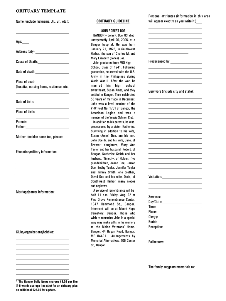 Obituary Template - Fill Online, Printable, Fillable, Blank pertaining to Free Printable Obituary