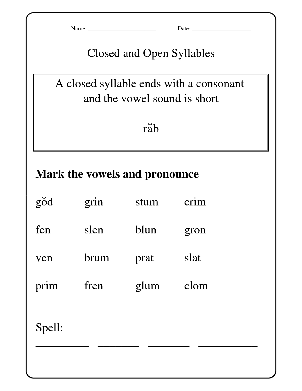 Open And Closed Syllables Worksheets | Syllable Worksheet, Closed for Free Printable Open and Closed Syllable Worksheets