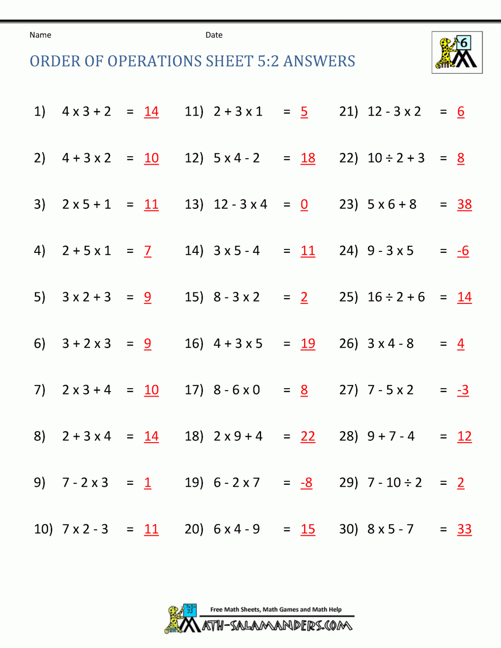 Order Of Operations Sheet 5:2 Answers | Pemdas Worksheets inside Order of Operations Free Printable Worksheets With Answers