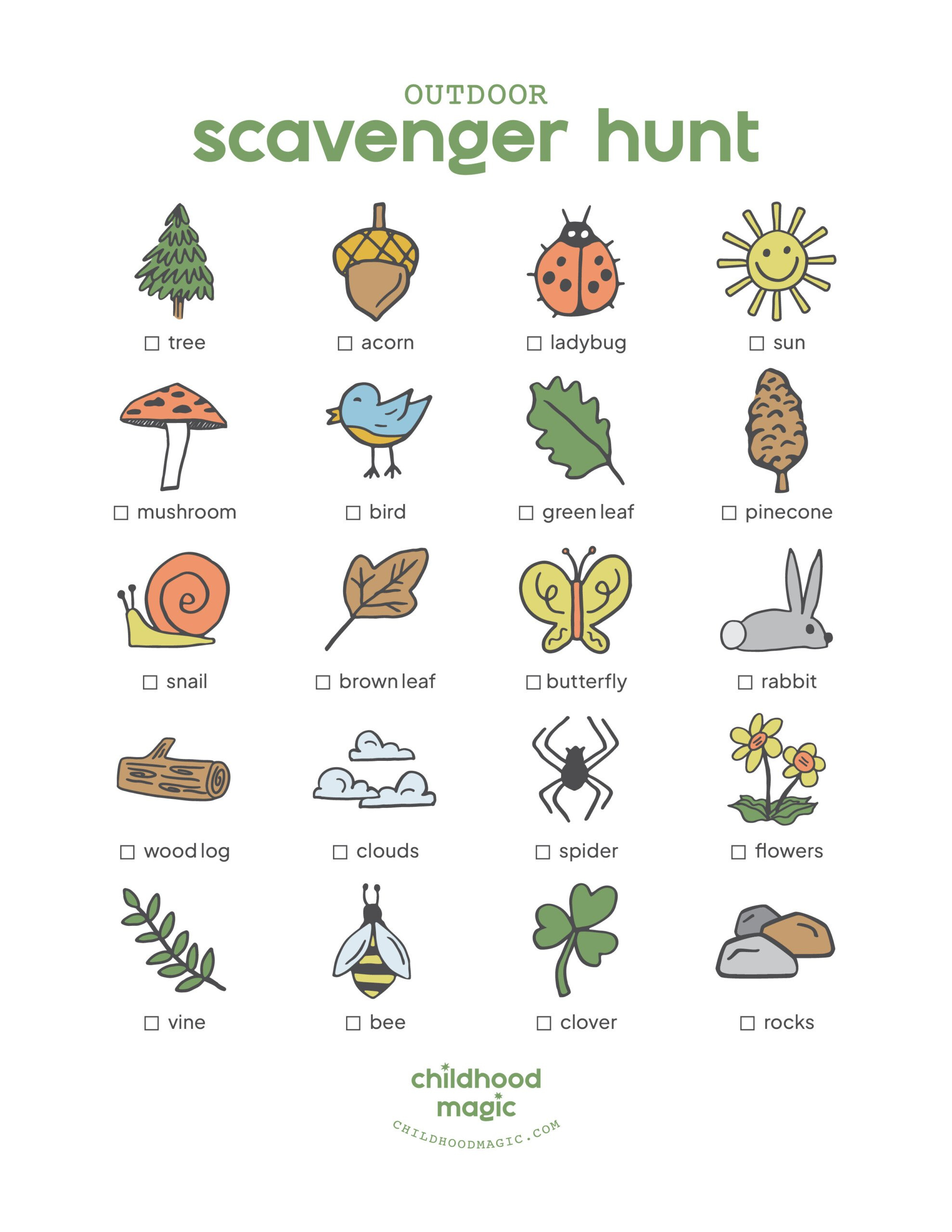 Outdoor Scavenger Hunt (Free Printable!) - Childhood Magic intended for Free Printable Scavenger Hunt for Kids