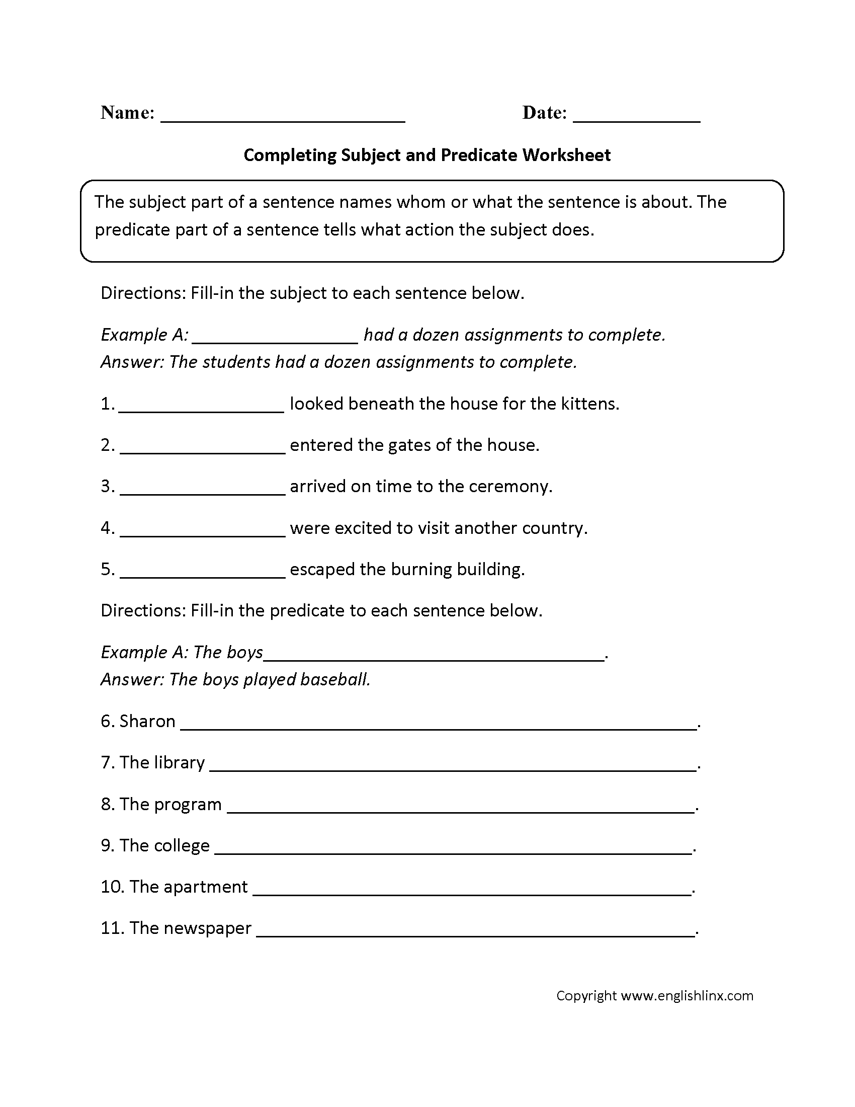 Parts Of A Sentence Worksheets | Subject And Predicate Worksheets throughout Free Printable Subject Predicate Worksheets 2nd Grade