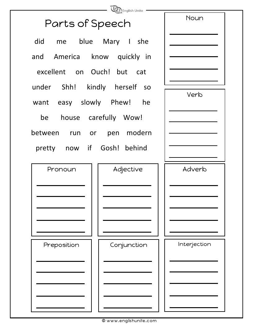 Parts Of Speech Worksheet | Parts Of Speech Worksheets, Parts Of inside Free Printable Parts of Speech Worksheets