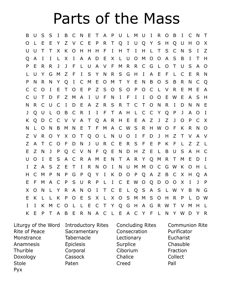 Parts Of The Mass Word Search - Wordmint regarding Free Printable Catholic Word Search