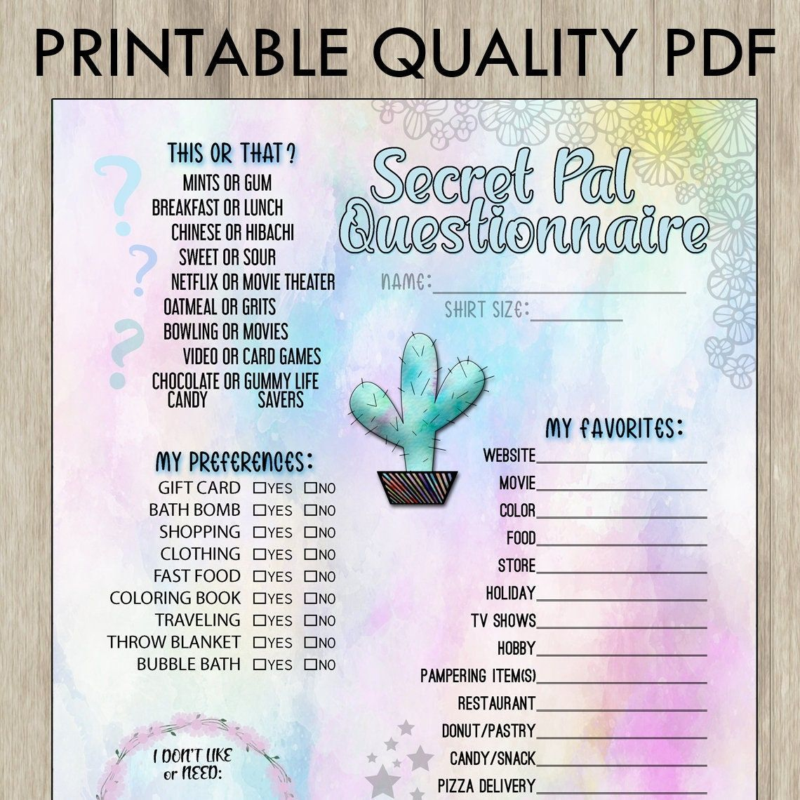 Pdf Gift Exchange Questionnaire Secret Pal - Etsy | Secret Pal throughout Free Printable Secret Pal Forms