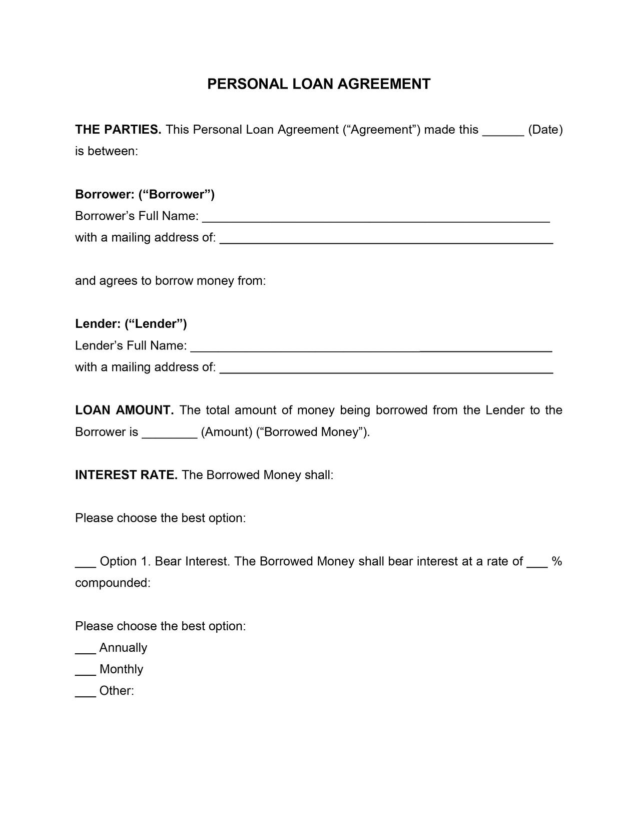 Personal Loan Agreement Template in Free Printable Personal Loan Forms