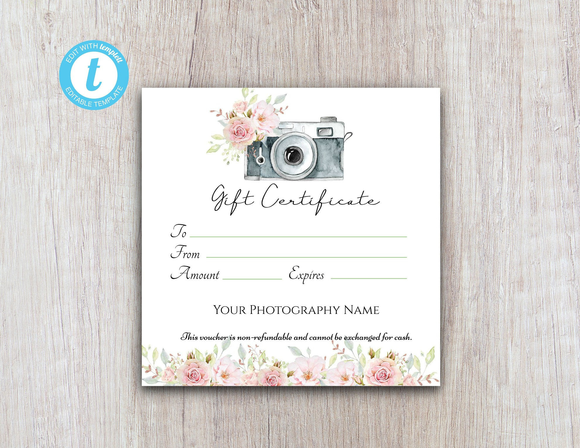 Photography Gift Certificate Template, Gift Voucher Printable in Free Printable Photography Gift Certificate Template