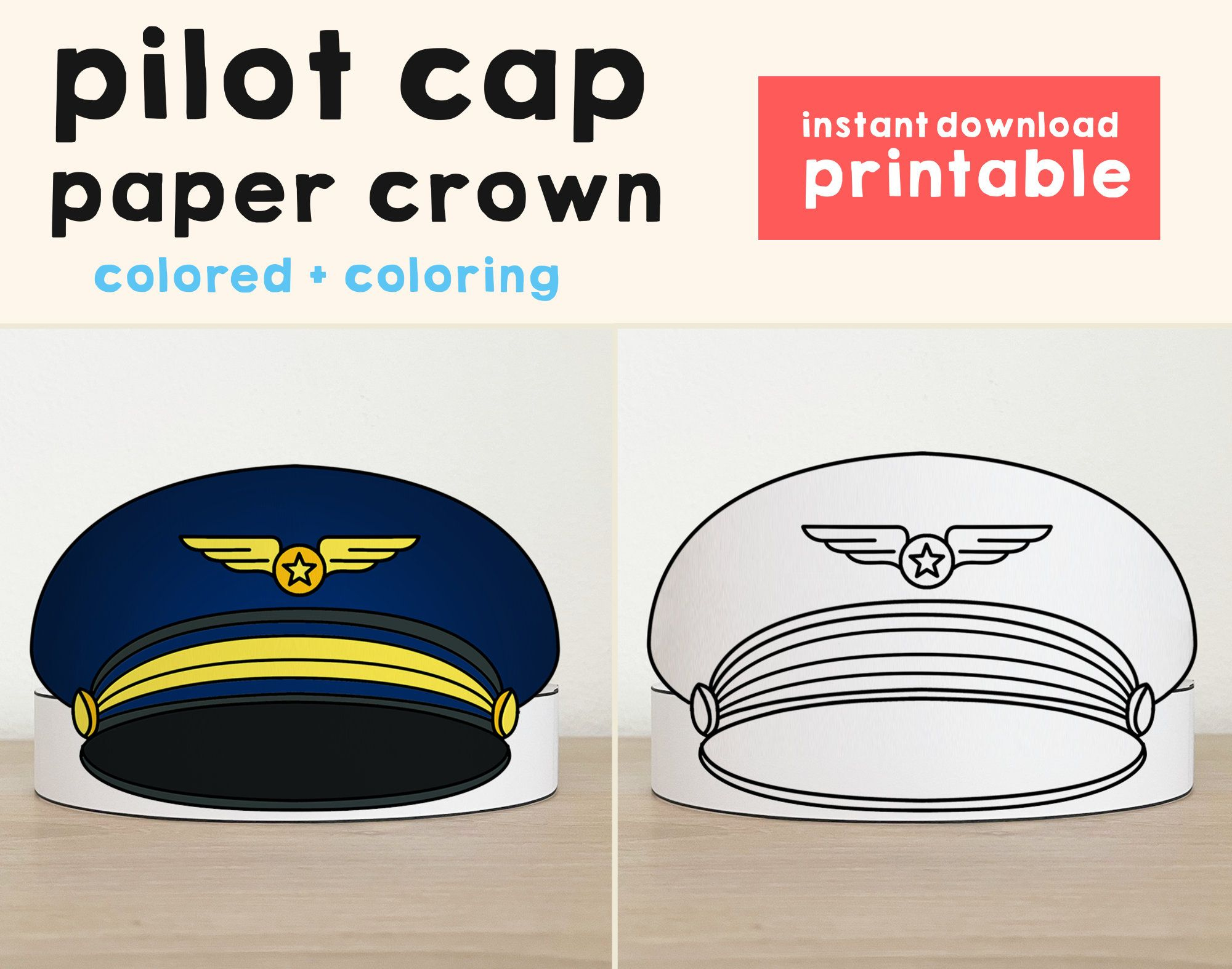 Pilot Cap Paper Crown Airline Party Coloring Printable Kids Craft throughout Free Printable Pilot Hat Template