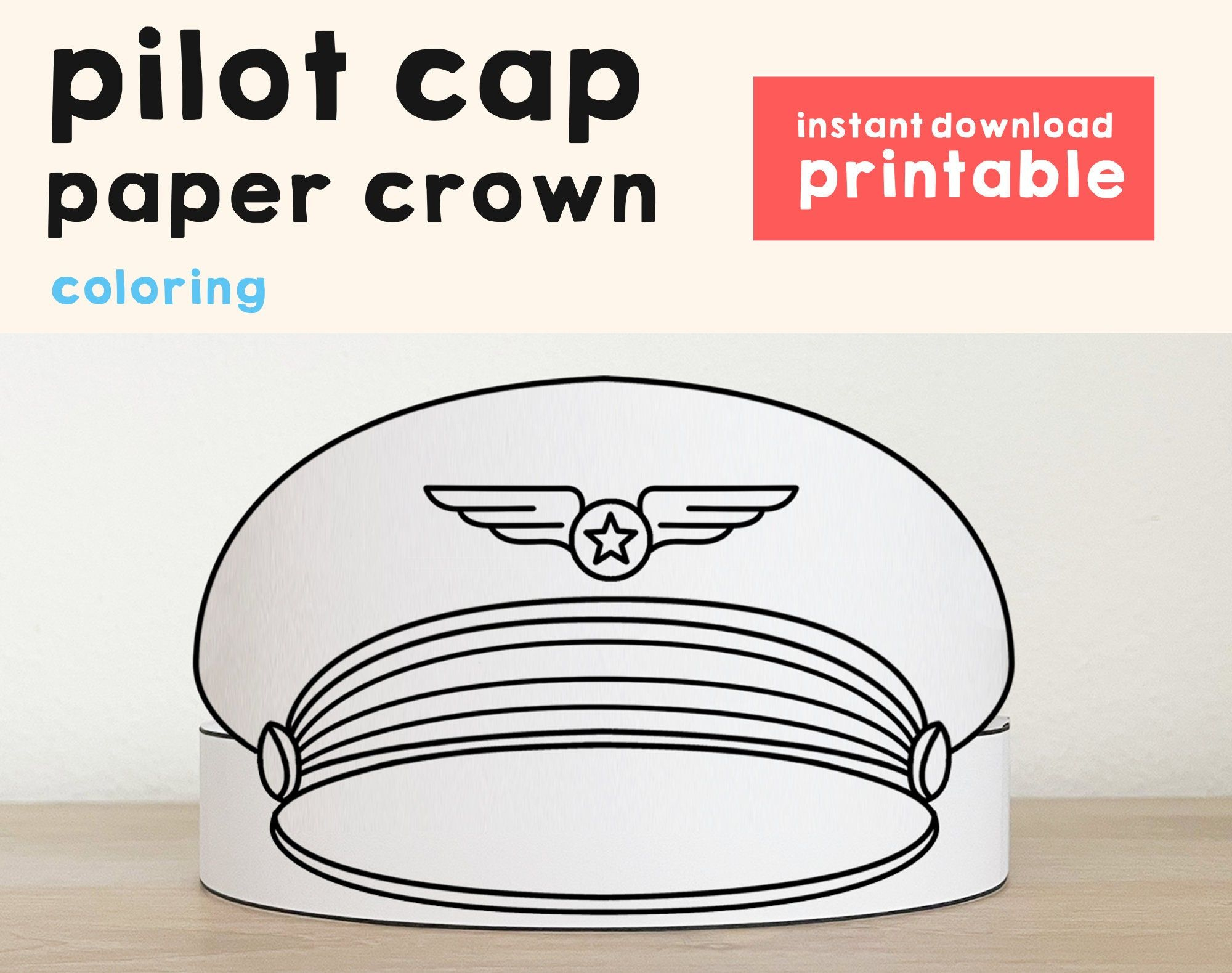 Pilot Cap Paper Crown Airline Party Coloring Printable Kids Craft with Free Printable Pilot Hat Template