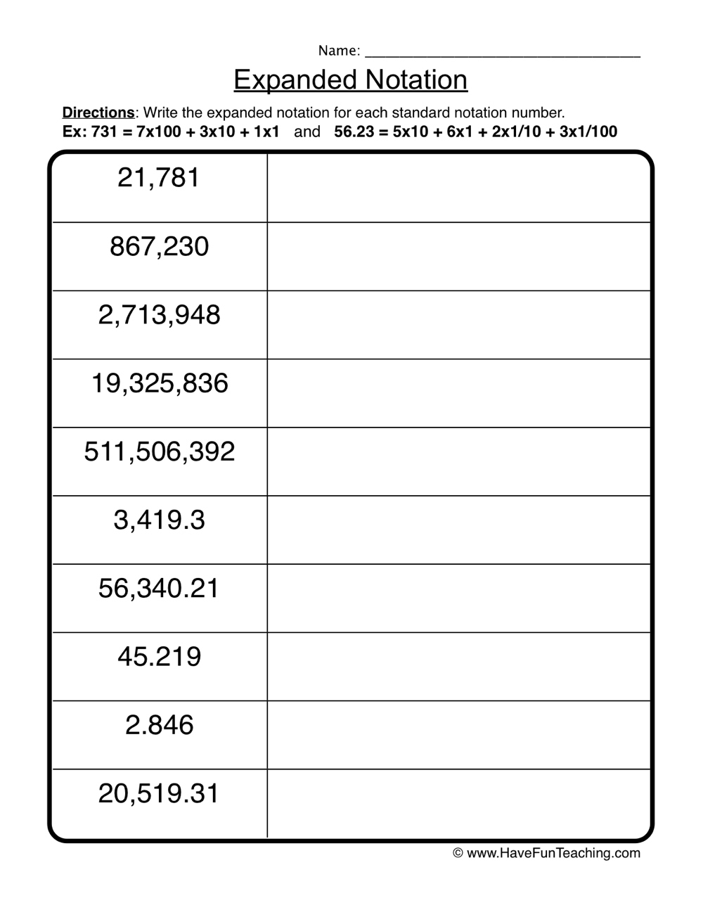 Place Value Expanded Notation Worksheet - Have Fun Teaching in Free Printable Expanded Notation Worksheets