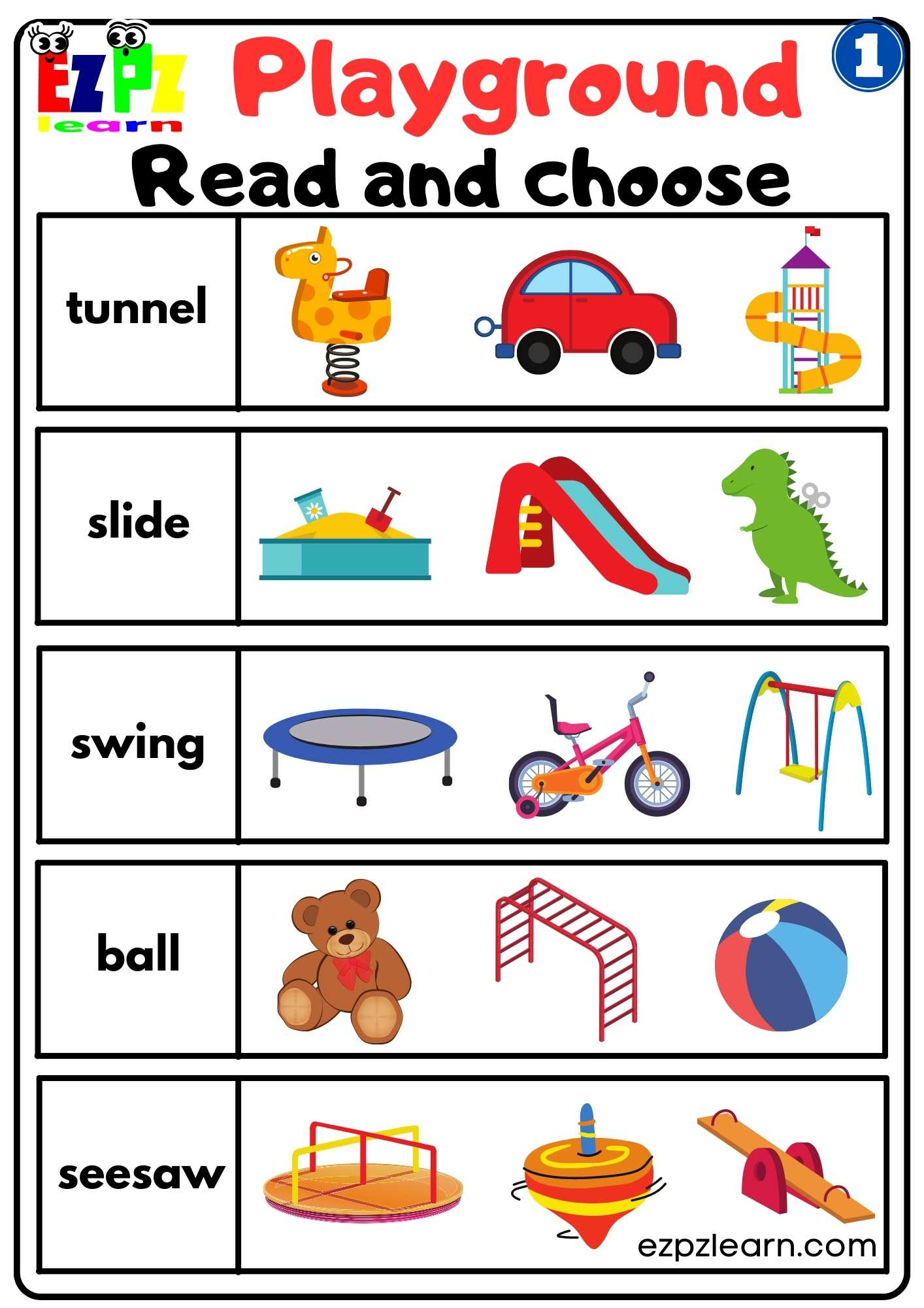 Playground 1 Read And Choose Worksheet For Kindergarten And Esl throughout Free Printable Esl Resources