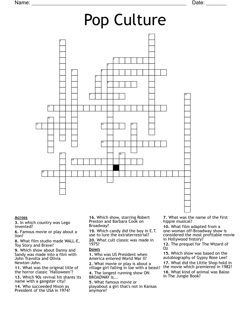 Pop Culture Crossword - Wordmint intended for Pop Culture Crossword Printable Free