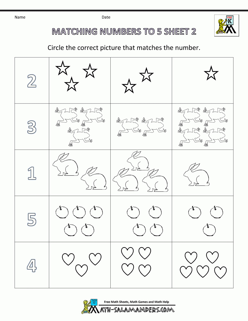 Preschool Math Worksheets - Matching To 5 inside Free Printable Preschool Math Worksheets