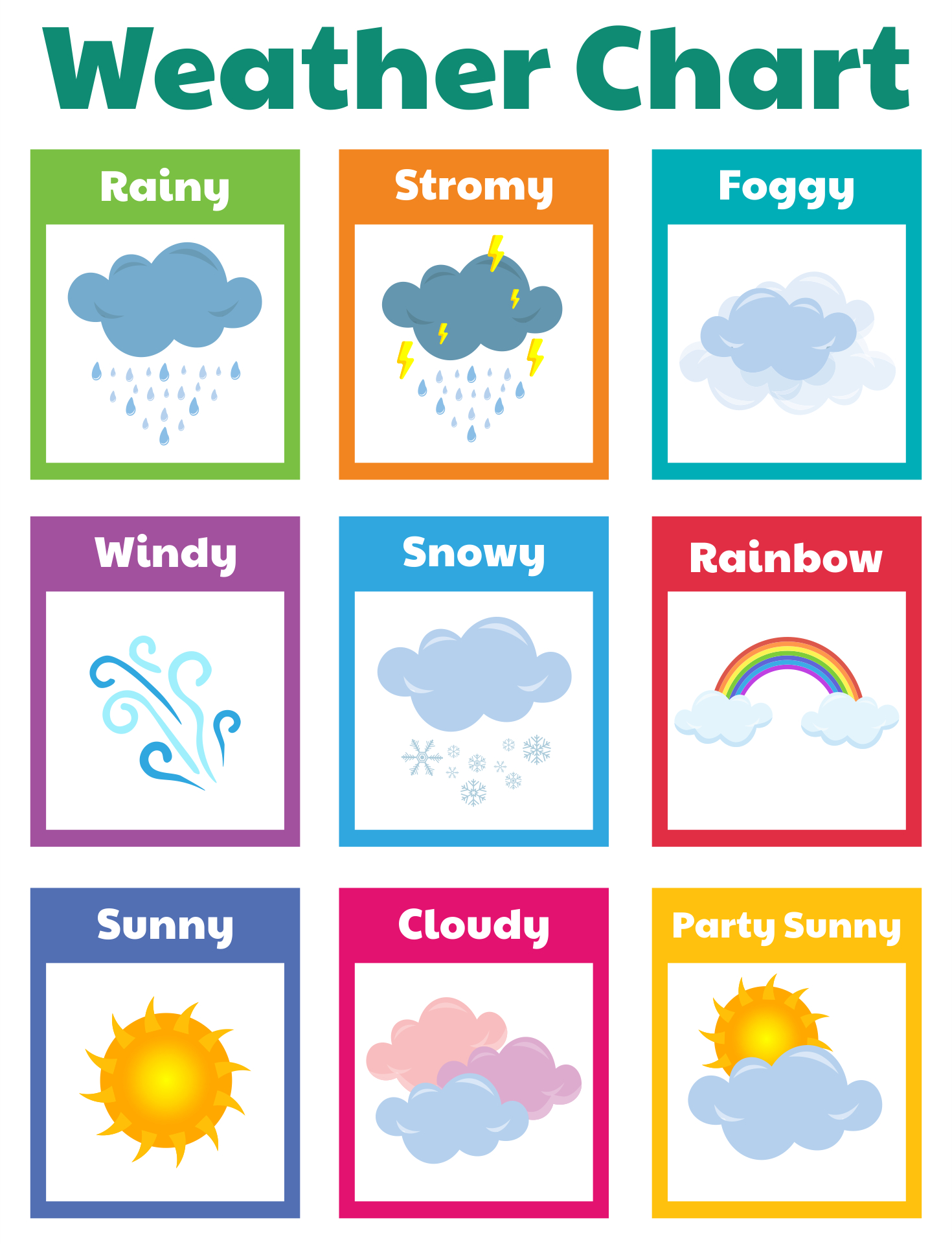 Preschool Weather Chart With Clouds And Rainbows throughout Free Printable Weather Chart for Preschool