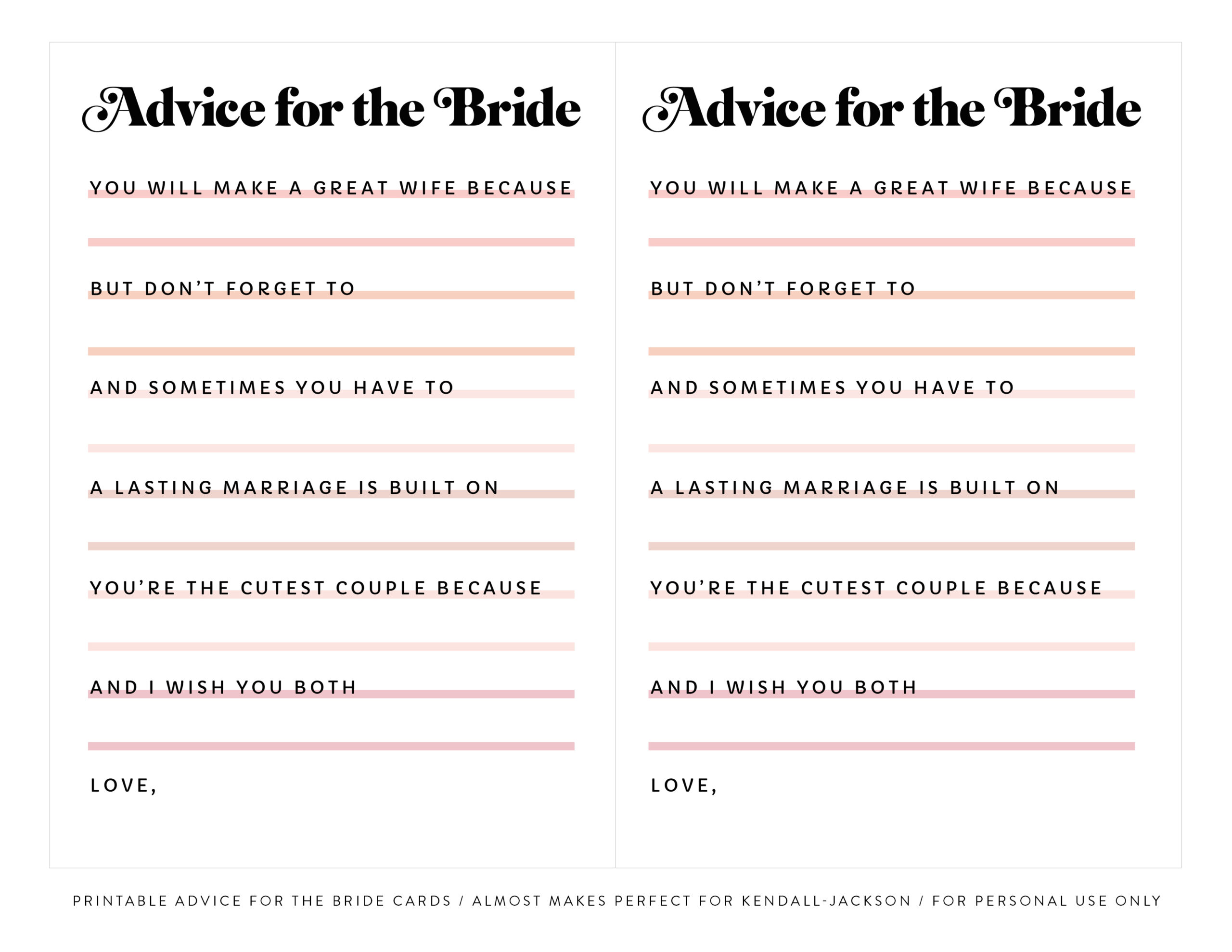 Printable “Advice For The Bride” Bridal Shower Cards | Kendall-Jackson with Free Printable Bridal Shower Advice Cards