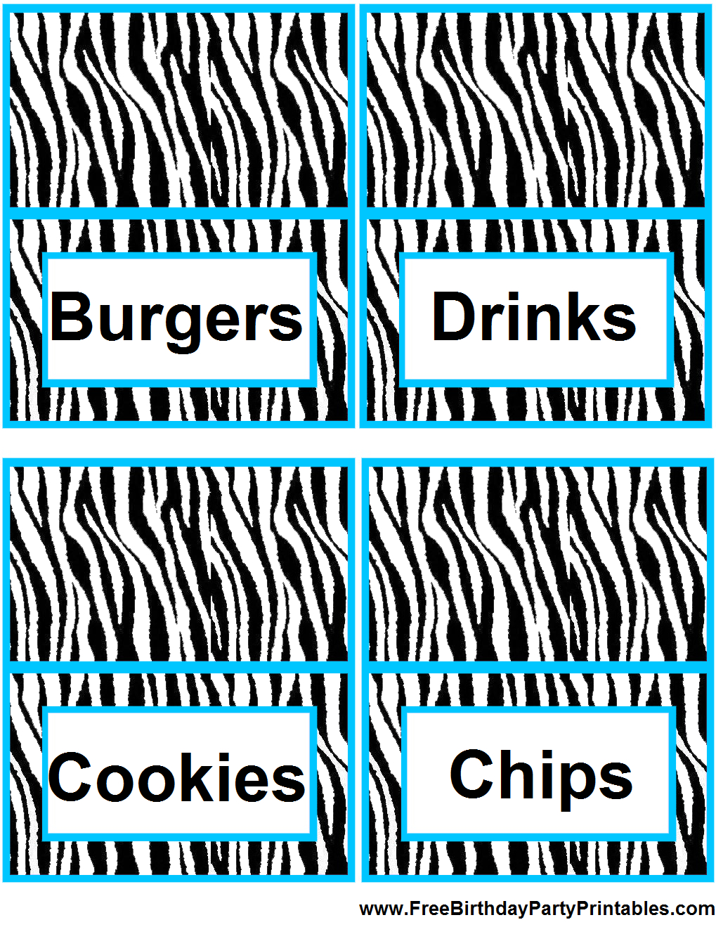 Printable Blue Zebra Food Tent Cards Labelsfree Birthday Party throughout Free Printable Zebra Print Birthday Invitations