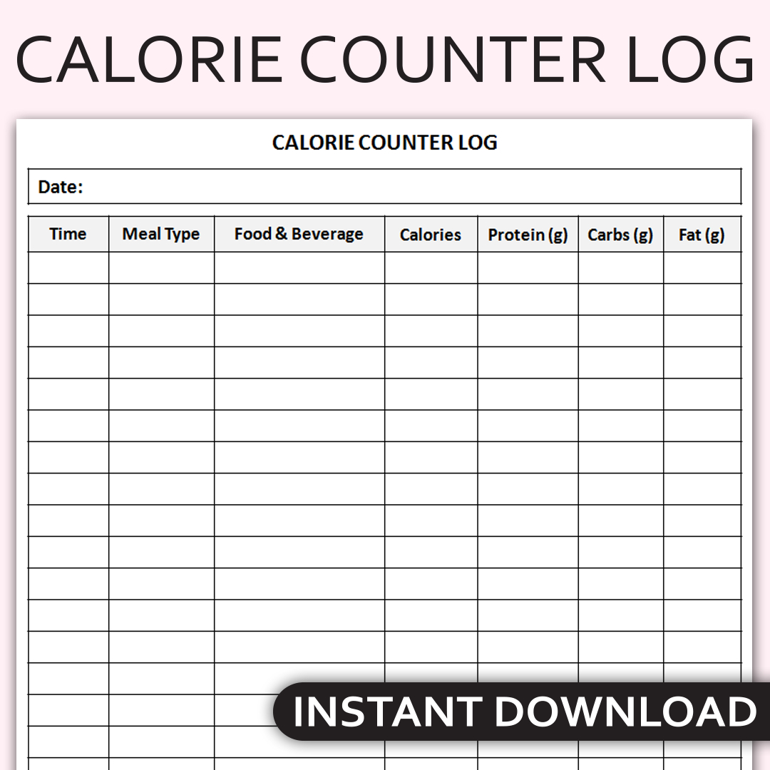 Printable Calorie Counter Log, Daily Food Intake Tracker, Nutrition Journal, Healthy Eating Planner, Editable Template inside Free Printable Calorie Chart