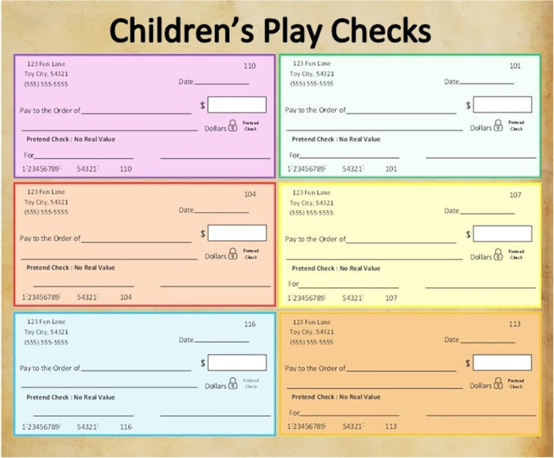 Printable Children&amp;#039;S Play Checkspretend Play Checkstoy Checksmath Learning Toolsbankingfake Currencytoy Currencyinstant Download - Etsy with Free Printable Play Checks