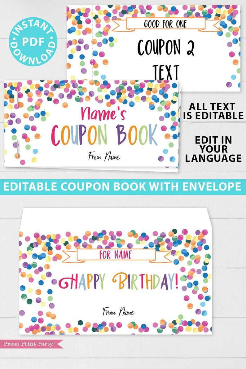Printable Coupon Book Template, Diy Birthday Coupons Book, Custom throughout Free Printable Blank Birthday Coupons