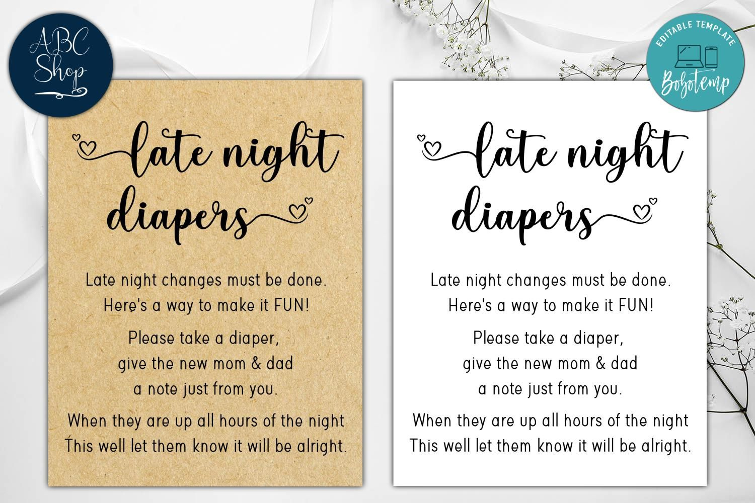 Printable Late Night Diapers Baby Shower Game Instant Download with Late Night Diaper Sign Free Printable