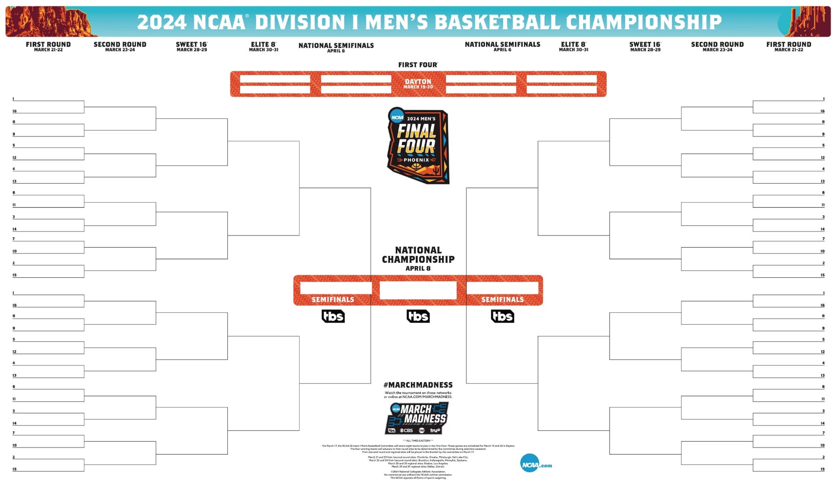 Printable March Madness Bracket For 2024 Ncaa Tournament - Interbasket intended for Free Printable Brackets Ncaa Basketball