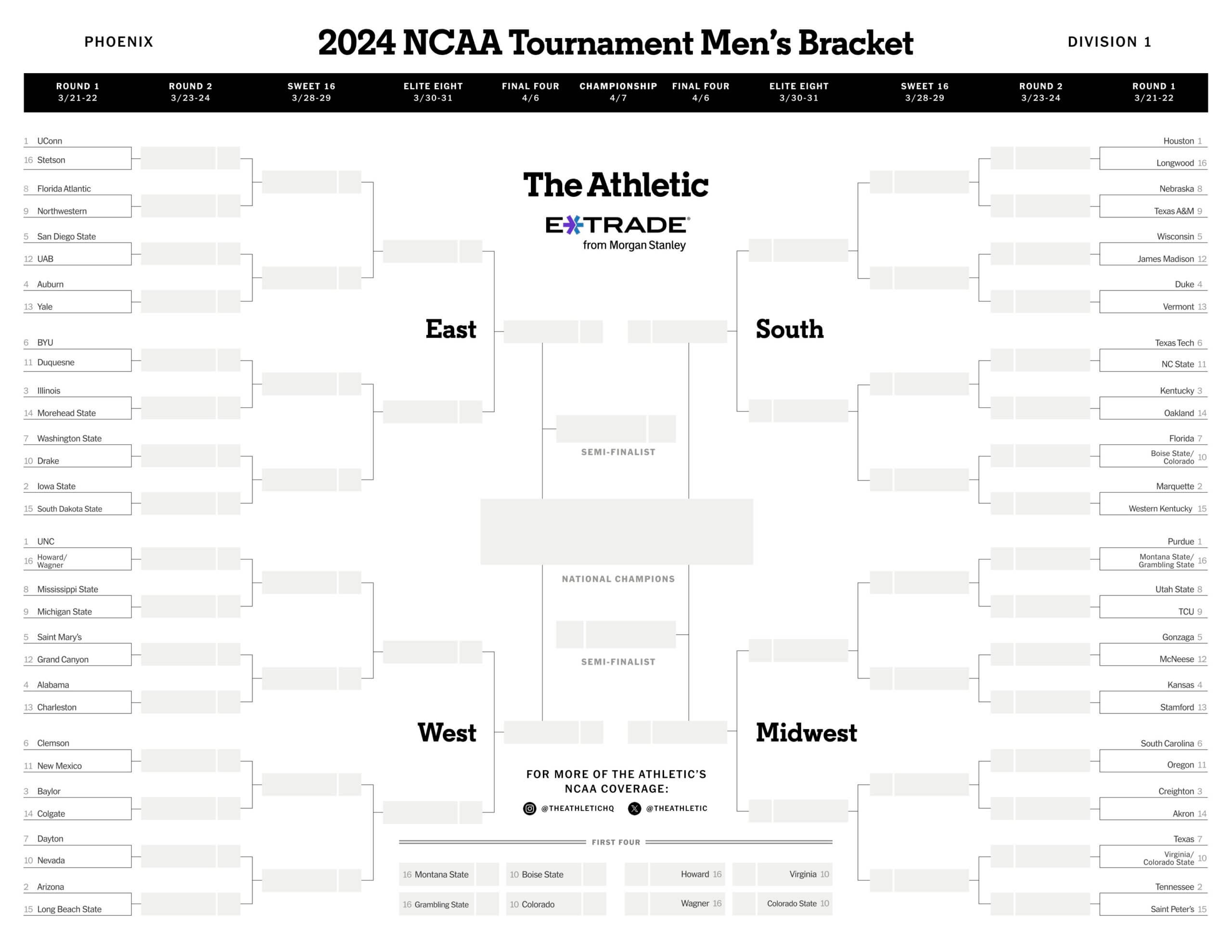 Printable March Madness Bracket - The Athletic with regard to Free Printable March Madness Bracket