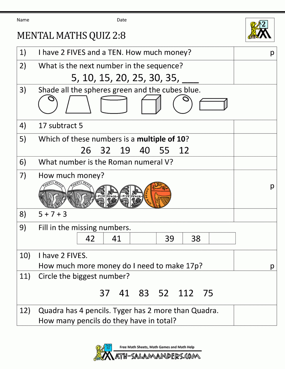 Printable Mental Maths Year 2 Worksheets for Year 2 Free Printable Worksheets