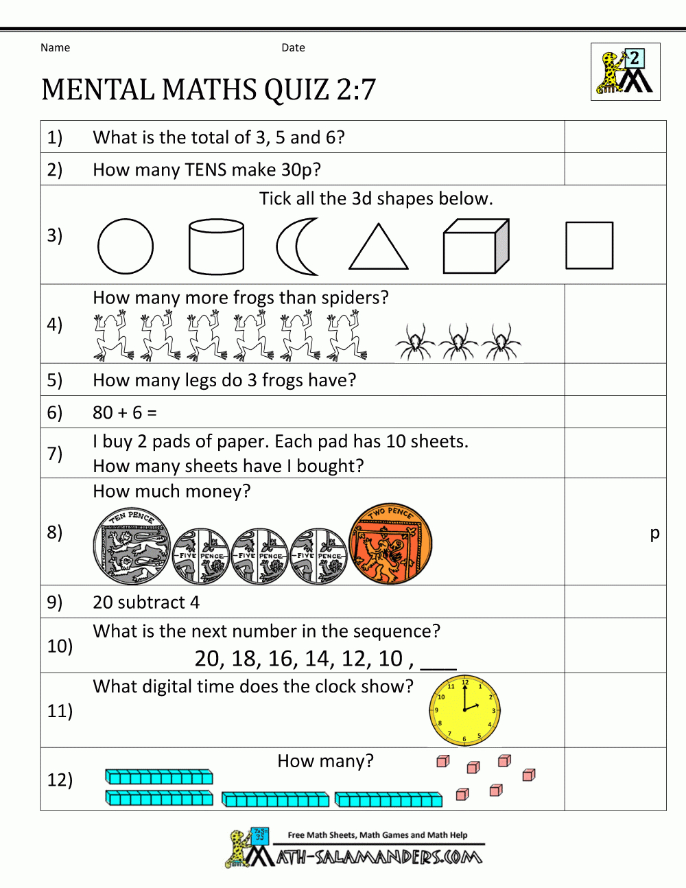 Printable Mental Maths Year 2 Worksheets for Year 2 Maths Worksheets Free Printable