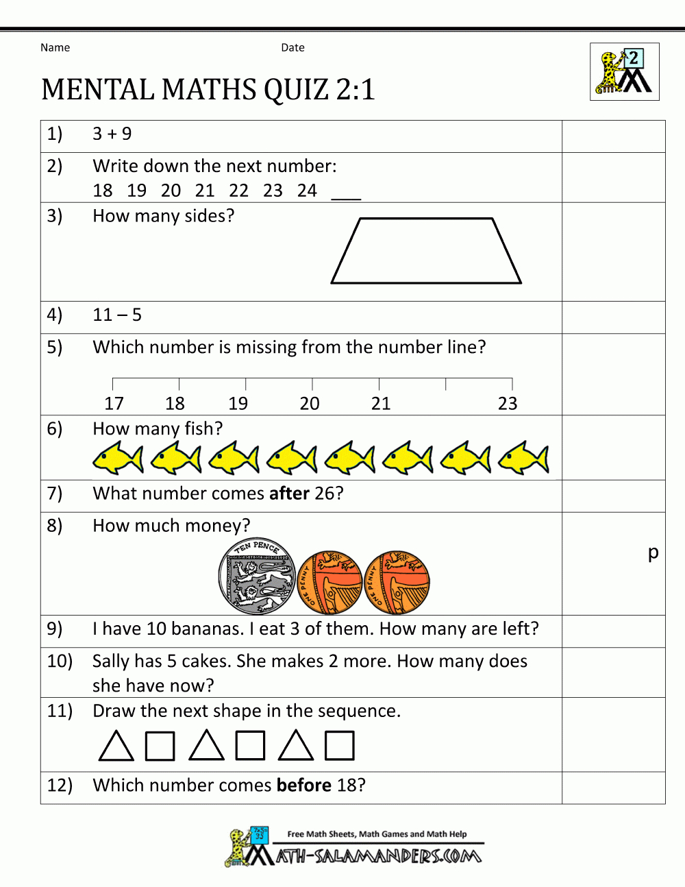 Printable Mental Maths Year 2 Worksheets in Year 2 Maths Worksheets Free Printable