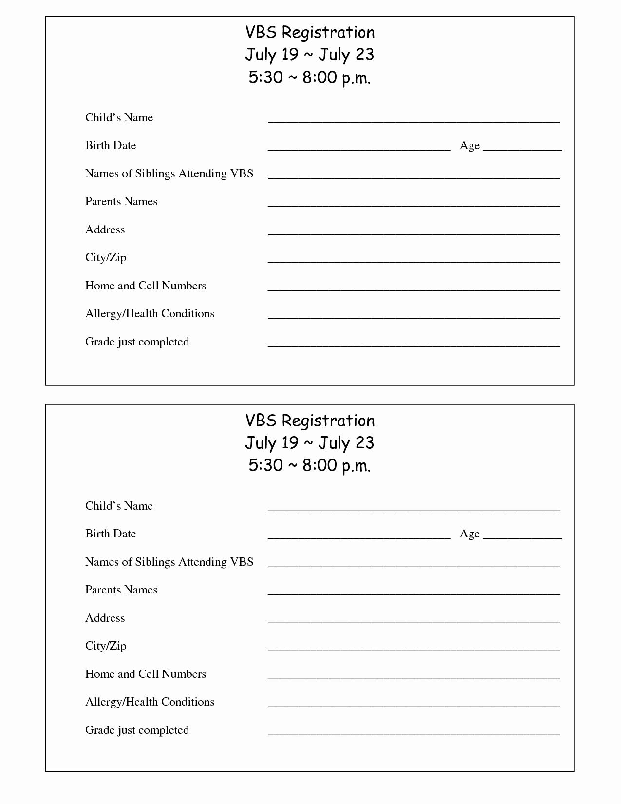 Printable Registration Form Template Awesome Printable Vbs for Free Printable Vbs Registration Forms