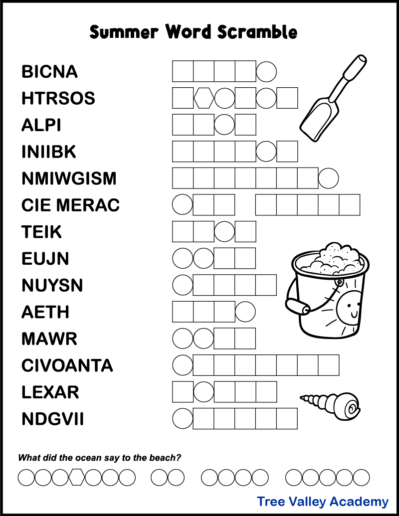 Printable Summer Word Scrambles For Kids - Tree Valley Academy inside Free Printable Word Scramble Worksheets